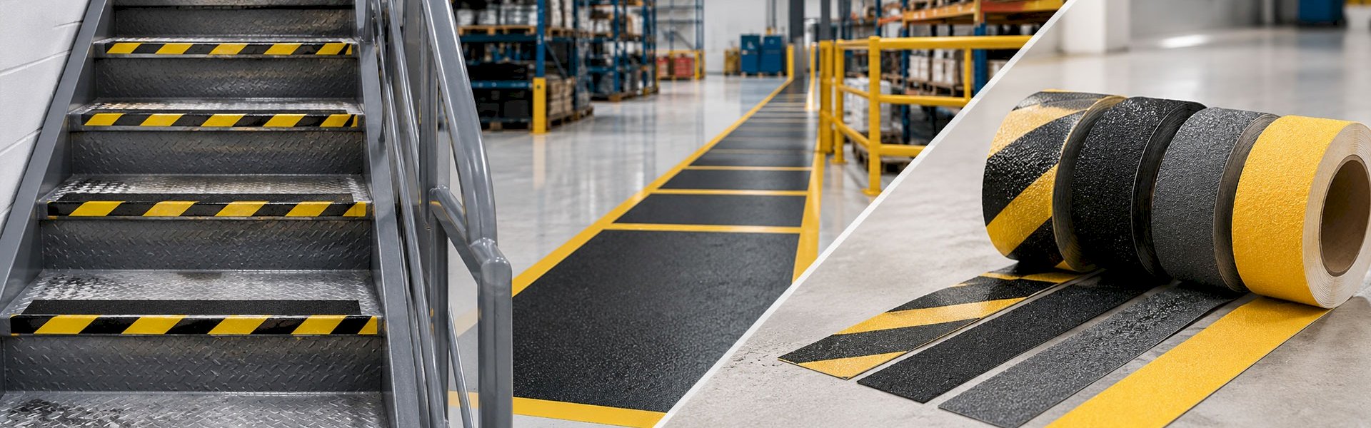 Anti-slip grip tape on stairs, warehouse floors, and rolls.