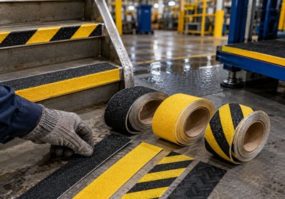 Worker applying non-slip hazard tape to stairs in a factory.