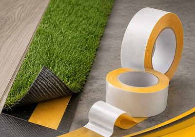 Double sided tape securing carpet and vinyl flooring during installation