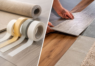 Double sided tape securing carpet and vinyl flooring during installation