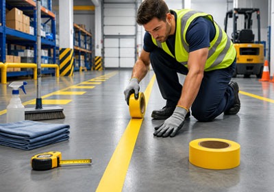 Floor marking tape being applied safely in a warehouse walkway